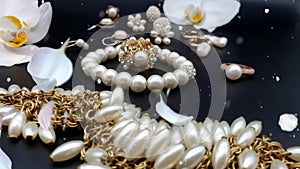 Beautiful jewelry white pearl  set  for woman and girl necklace earrings  bracelet   earring rings on black gold silver  backgroun