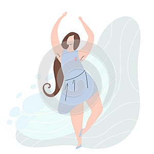 Beautiful joyful girl dancing with abstract background. Modern flat illustration of a strong self sufficient woman