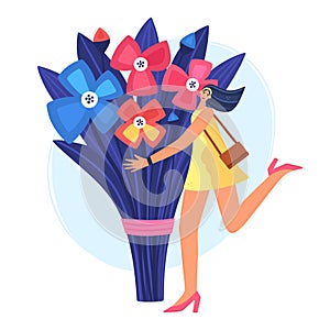 Beautiful and joyful girl holding huge bouquet of flowers. Disproportionate body. Trendy character design