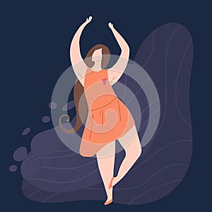 Beautiful joyful woman dancing on abstract background. Modern flat illustration of a strong self sufficient woman