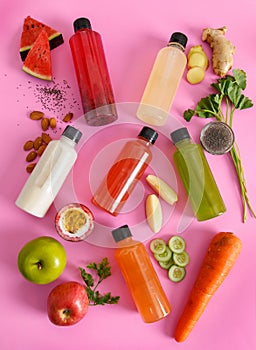 Beautiful juice collection of drink bottle from variety colorful fruit, herb, and vegetable as natural beverage for antioxidant