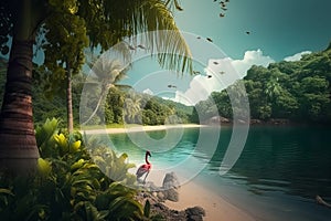 Beautiful jungle beach lagoon view with palm trees and tropical leaves Generative AI.