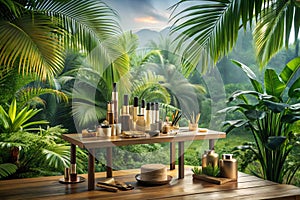 Jungle Table Background. Interior Table for a Cosmetic Item Against the Backdrop of Tropical Plants, Palms and Jungle photo