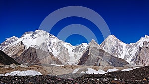Beautiful K2 and Broad Peak from Concordia in the Karakorum Mountains PakistanMitre mountain peak at Concordia camp, K2 trek, Paki photo