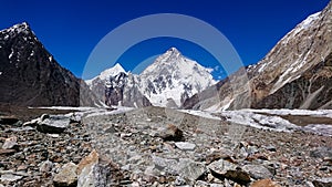 Beautiful K2 and Broad Peak from Concordia in the Karakorum Mountains PakistanMitre mountain peak at Concordia camp, K2 trek, Paki