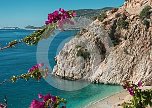 Beautiful Kaputas beach with bougainvillea flowers in the background. December. Turkey Antalya Kemer