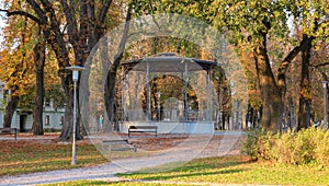 Beautiful Karlovac streets in autumn with steel pavillion on the popular city walkway