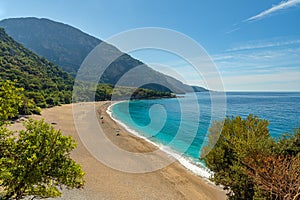 Beautiful Kidrak beach with blue water near Oludeniz town on the coast of Mugla region in Turkey