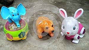 Beautiful Kids toys of blue colour elephant, yellow colour dog and white red colour rabbit. Gorakhpur city