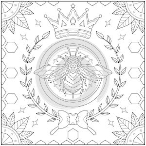 Beautiful king bee with plant border ribbon and beeswax . Learning and education coloring page