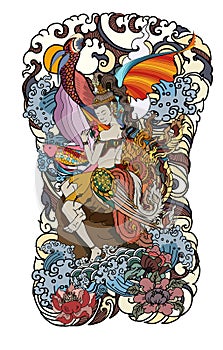 Beautiful Kinnaree is thai lady with wing and water wave on cloud and moon background.Thai fairy tail with flower sitdown on rock