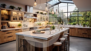 Beautiful kitchen and dining room in new luxury home.