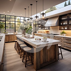 Beautiful kitchen and dining room in new luxury home.