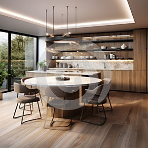 Beautiful kitchen and dining room in new luxury home.