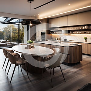 Beautiful kitchen and dining room in new luxury home.