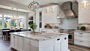 Beautiful kitchen interior in new luxury home, with white cabinets and woodwork.