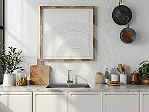 A beautiful kitchen with a large wooden frame on the wall, a sink, and a variety of kitchen utensils and plants on the counter