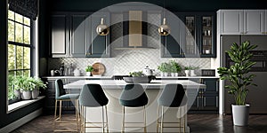 Beautiful kitchen in luxury modern contemporary home interior. Generative AI