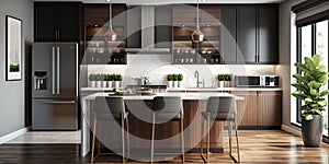Beautiful kitchen in luxury modern contemporary home interior. Generative AI