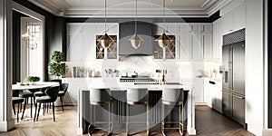 Beautiful kitchen in luxury modern contemporary home interior. Generative AI