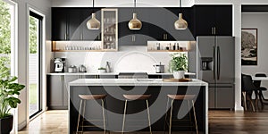 Beautiful kitchen in luxury modern contemporary home interior. Generative AI