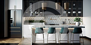 Beautiful kitchen in luxury modern contemporary home interior. Generative AI