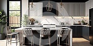 Beautiful kitchen in luxury modern contemporary home interior. Generative AI