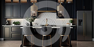 Beautiful kitchen in luxury modern contemporary home interior. Generative AI