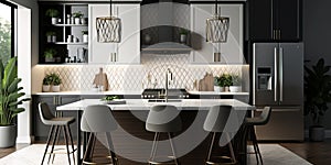 Beautiful kitchen in luxury modern contemporary home interior. Generative AI