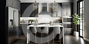 Beautiful kitchen in luxury modern contemporary home interior. Generative AI