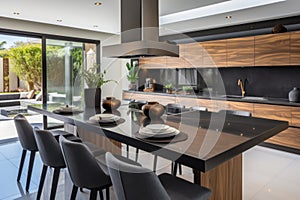 Beautiful kitchen in luxury modern contemporary home interior with island and chairs