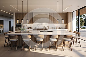 Beautiful kitchen in luxury modern contemporary home interior with island and chairs