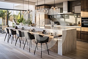 Beautiful kitchen in luxury modern contemporary home interior with island and chairs