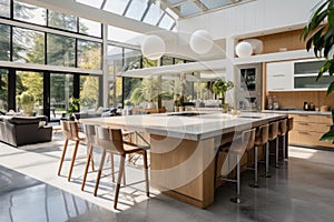 Beautiful kitchen in luxury modern contemporary home interior with island and chairs