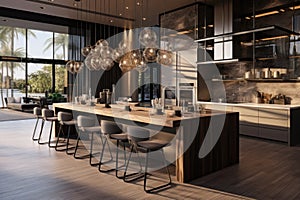 Beautiful kitchen in luxury modern contemporary home interior with island and chairs