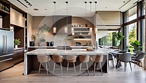 Beautiful kitchen in luxury modern contemporary home interior with island and chairs