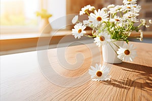 Beautiful kitchen table with lovely white daisies bouquet, ideal for adding text or decorating