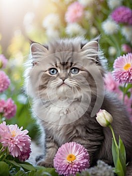 beautiful kitten, cat surrounded by fresh flowers outdoors