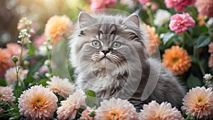 beautiful kitten, cat surrounded by fresh flowers outdoors