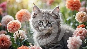 beautiful kitten, cat surrounded by fresh flowers outdoors