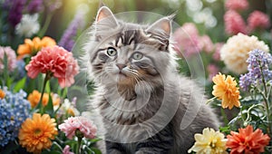 beautiful kitten, cat surrounded by fresh flowers outdoors