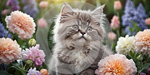 beautiful kitten, cat surrounded by fresh flowers outdoors