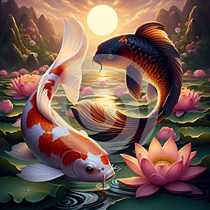 The beautiful koi in lotus pond, with lotus flower, mountain, sun, chinese style, symbol of prosperity, fish