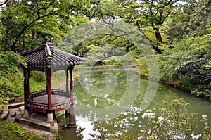 A Beautiful Korean Traditional Garden with gazebo and small lake