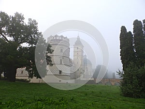 Beautiful Krasiczyn Castle in the fog, Poland