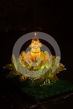 Beautiful kratong Fire lanterns light at night. Loy Krathong Festival, Thailand