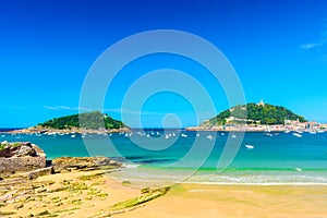 Beautiful La Concha beach with nobody at San Sebastian Donostia, Spain. Best european beach in sunny day