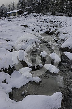 beautiful lachung river flowing through the snow covered yumthang valley in the winter season