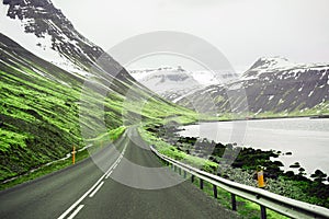 Beautiful ladnscape of highway and fjord at Iceland