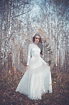 Beautiful lady in a birch forest